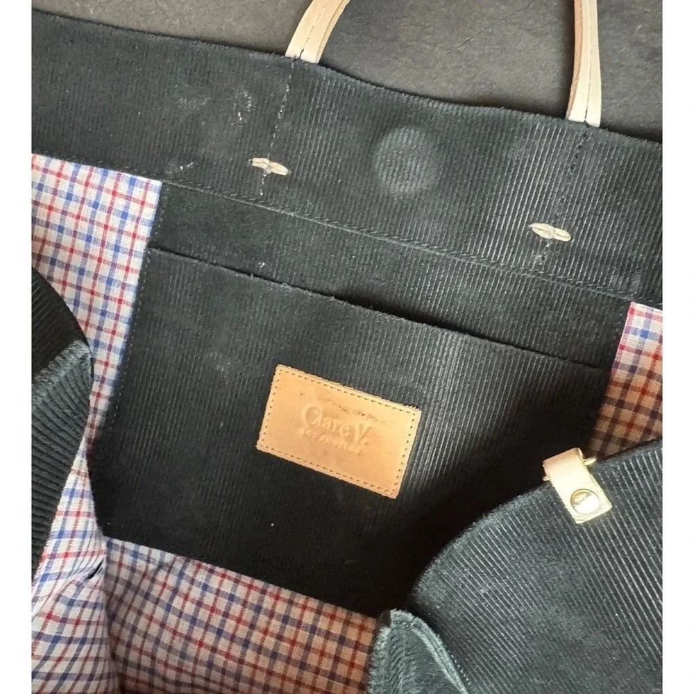 Clare V. Corduroy Tote Bag Large Black Cotton Leather Handle Plaid Lining Travel